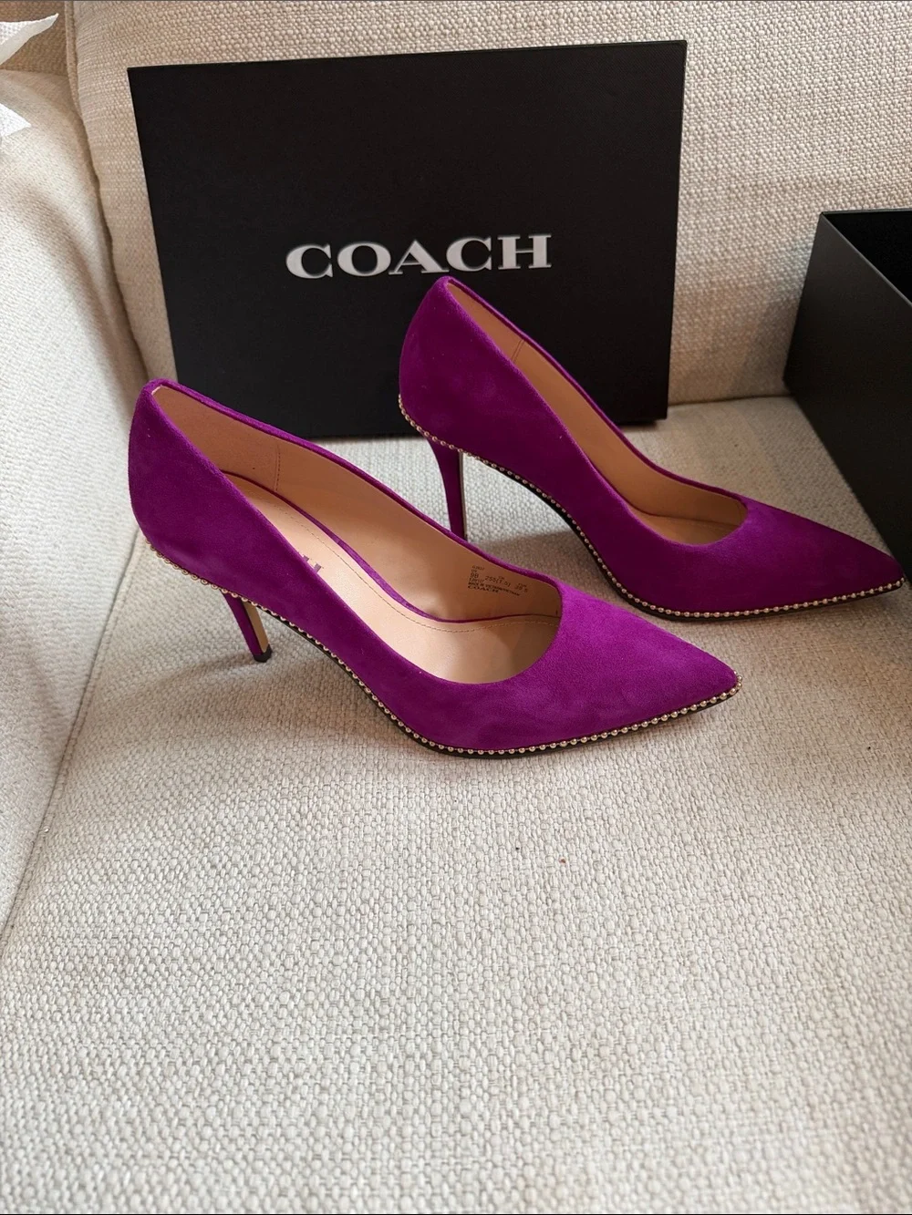 Coach Fuchsia Suede Pointed-Toe Pumps with Studded Trim in box